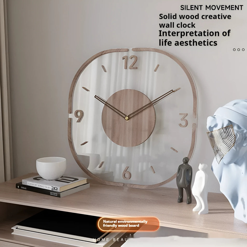 Transparent wooden frame wall clock in 35cm square modern design for living room or office