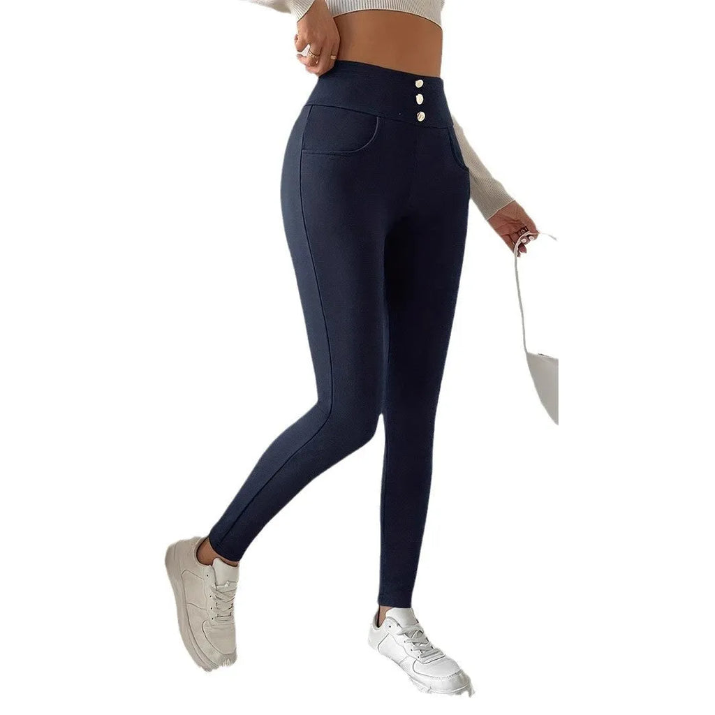 Women's navy blue high waist slim trousers with straight leg design