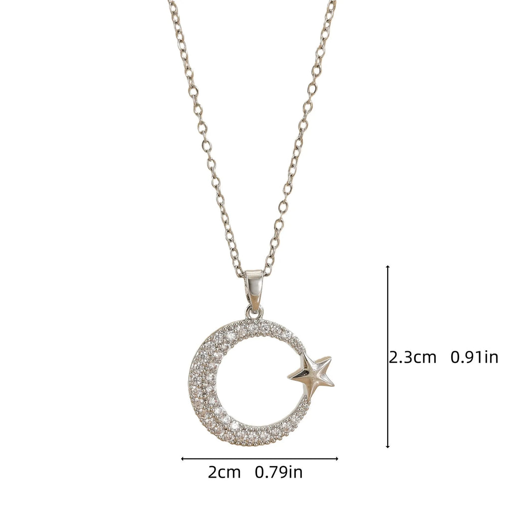 Gold electroplated geometric moon zircon pendant on titanium steel O-ring chain necklace