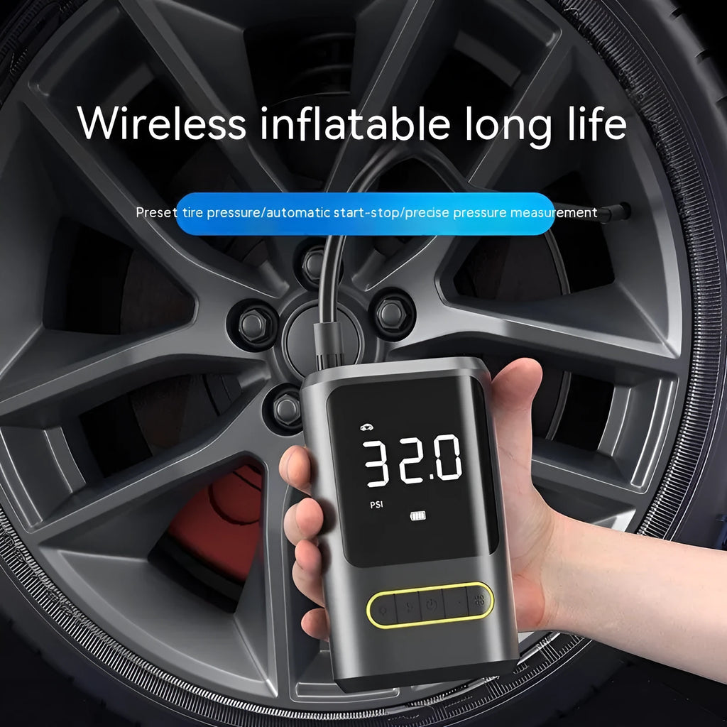 Handheld wireless digital display car tyre inflator pump with LED light and air hose