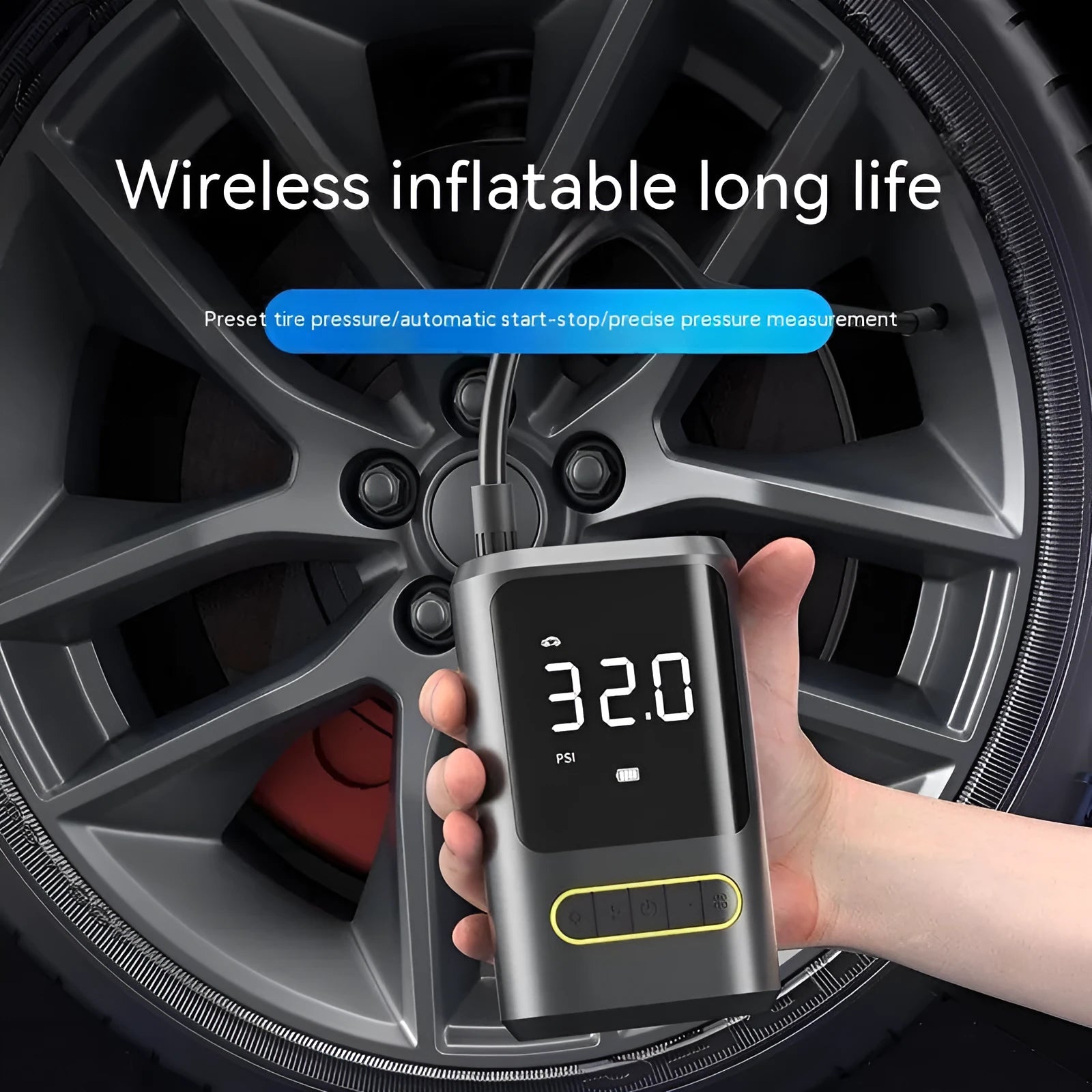Handheld wireless digital display car tyre inflator pump with LED light and air hose