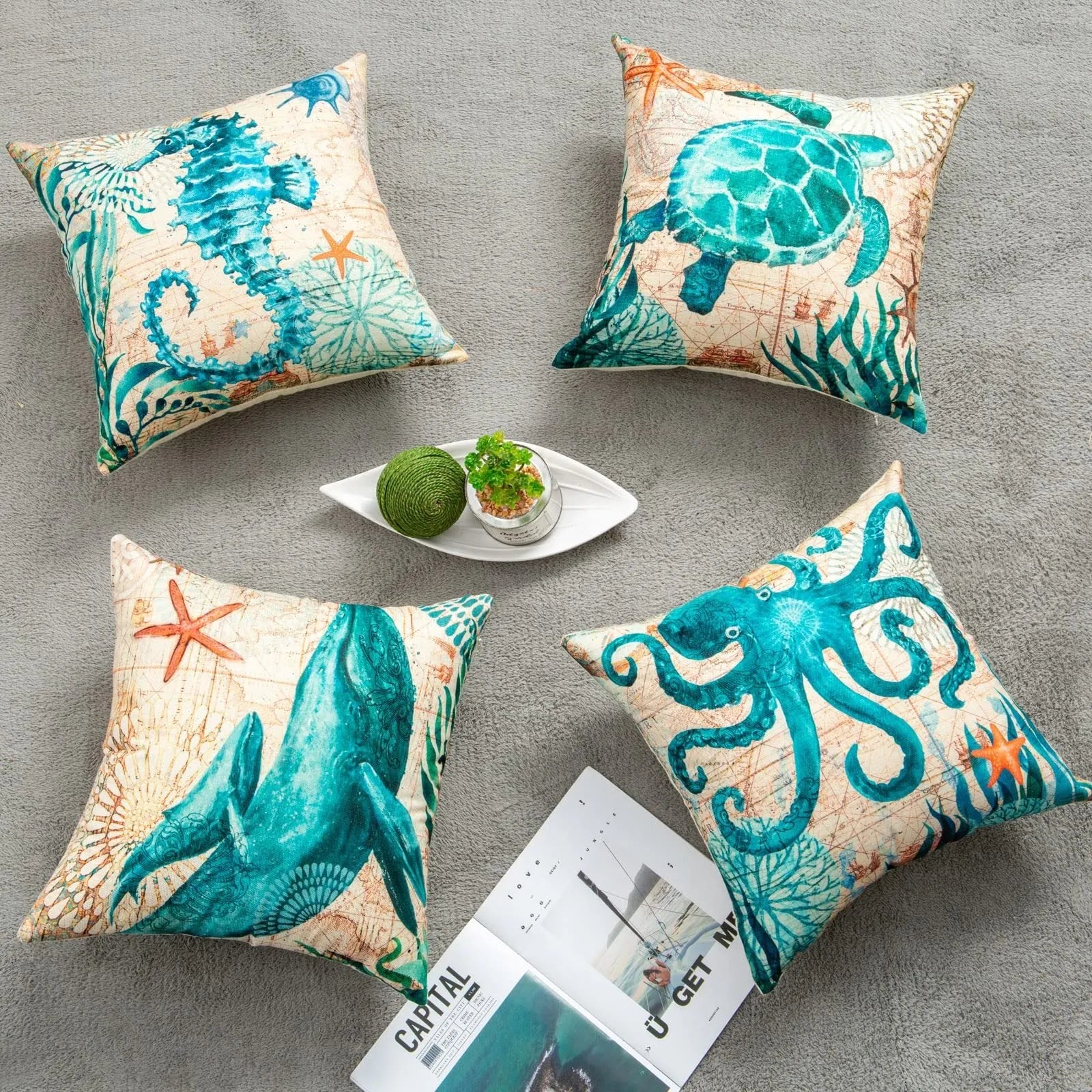 Linen cushion cover sea turtle printed pattern 45x45cm with invisible zipper