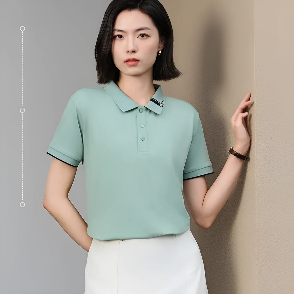 Cotton blend short sleeve lapel polo shirt in light purple with loose cut