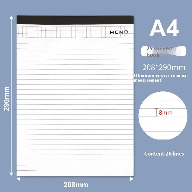 A4 tearable notebook with wireless adhesive binding, showing grid and lined page options