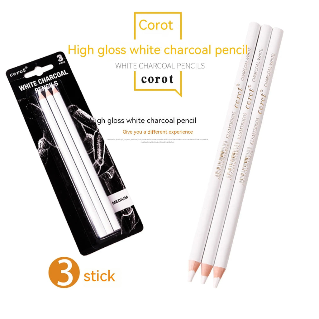 Three white charcoal pencils for sketching and highlighting on dark paper