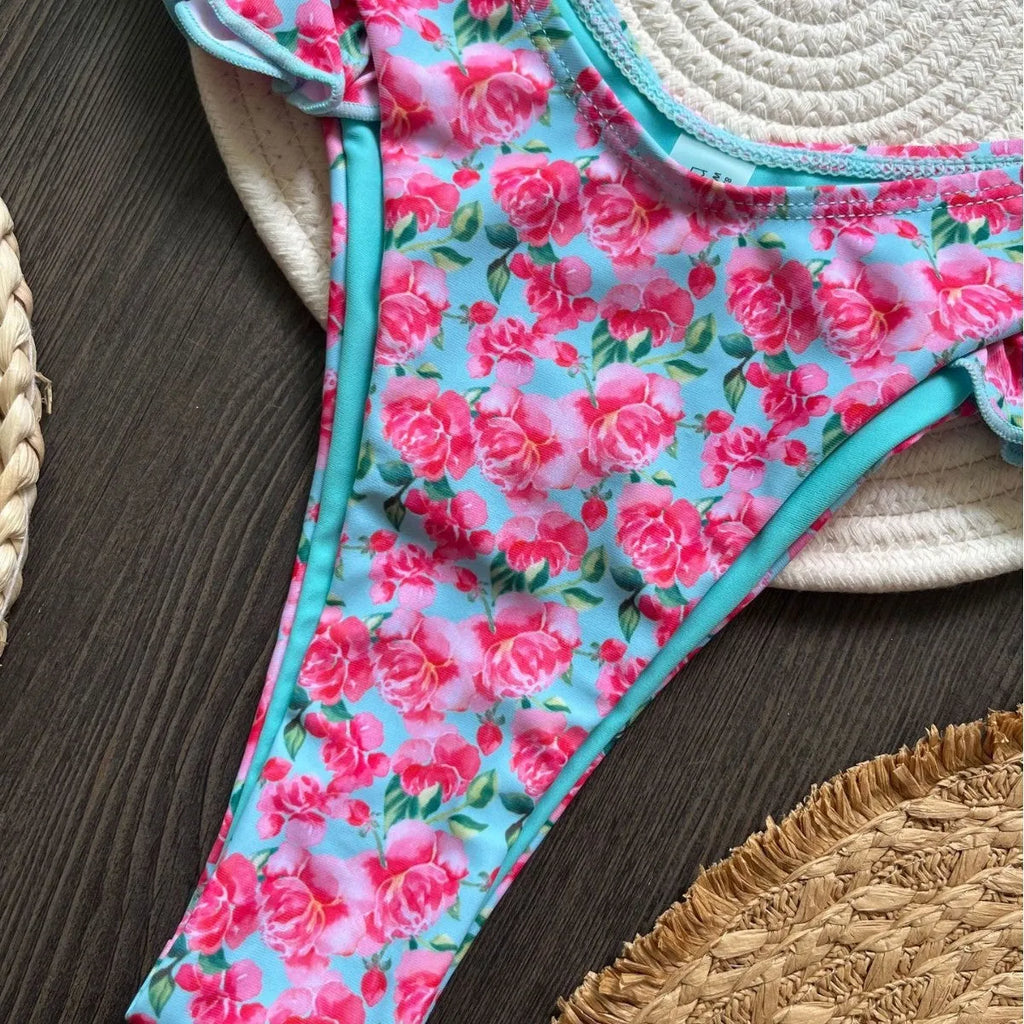 Women's printed low waist lace-up bikini suit in colour P099D with floral pattern
