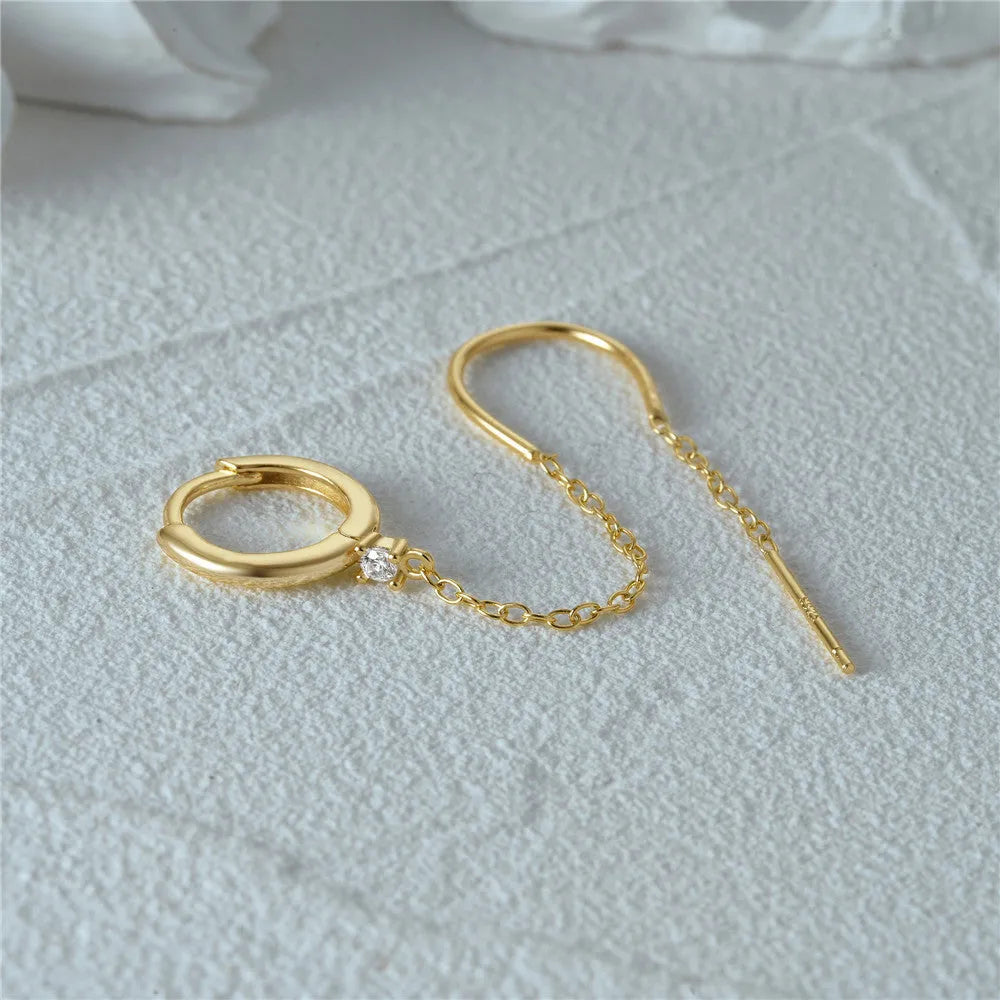 S925 sterling silver geometric ear studs with flower and tassel chain design in gold electroplated finish