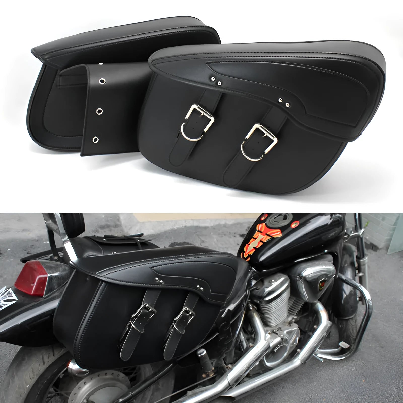 Black PU leather motorcycle saddle bag with retro styling and side box design showing dimensions