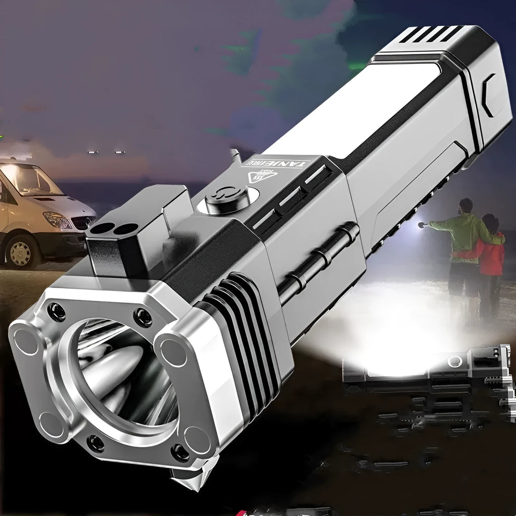 Silver portable LED flashlight with integrated USB power bank charging port.