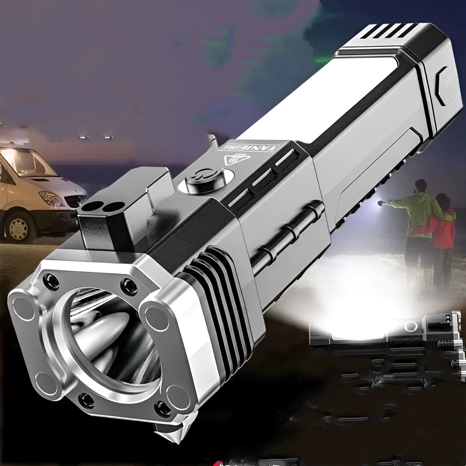 Silver portable LED flashlight with integrated USB power bank charging port.