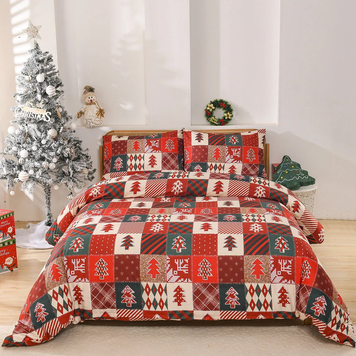 Christmas red plaid three piece bedding set with duvet cover and pillowcases featuring reactive printed European style pattern
