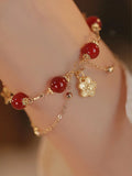Natural red agate double layer bracelet with floral peach blossom design for women