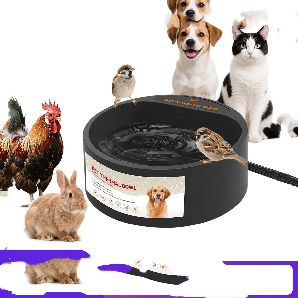 Black ABS plastic pet heating bowl with 2.2 litre capacity and constant temperature control