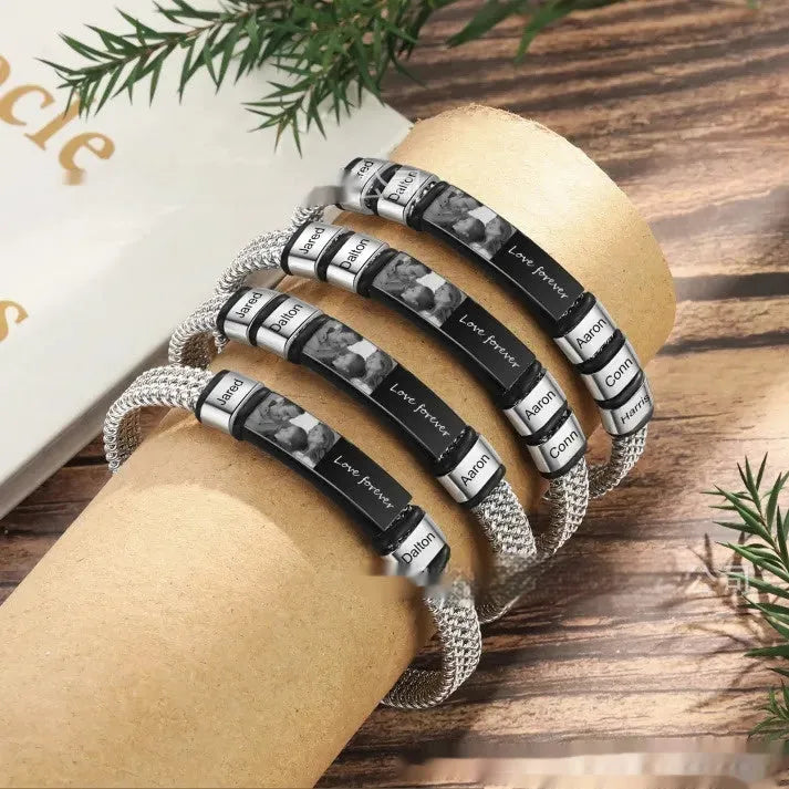Men's stainless steel and leather bracelet with lettering beads and rope elements