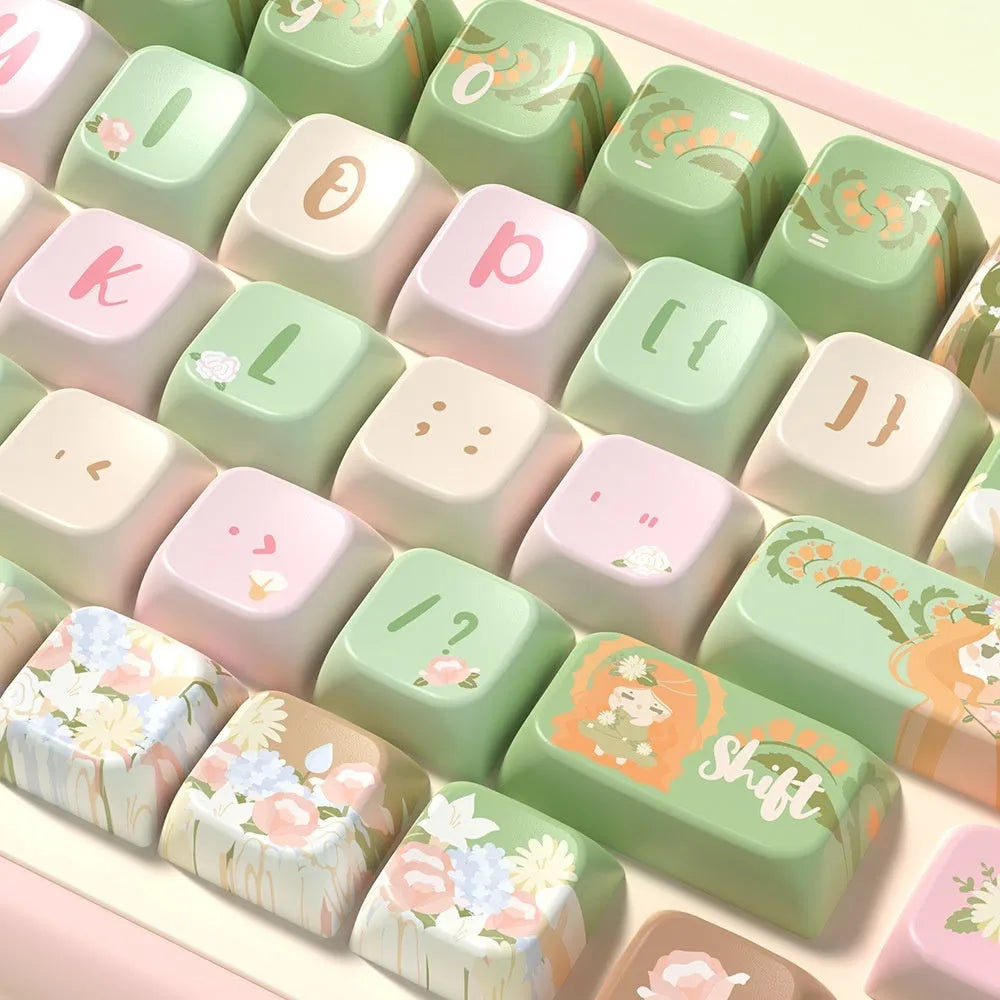 Mu Xia Garden Summer Garden design key cap set for mechanical keyboards, showing colourful graphic on keys.