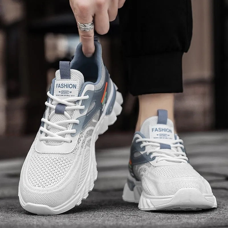 Men's white blue platform casual running shoes with mesh upper and cross shoulder straps
