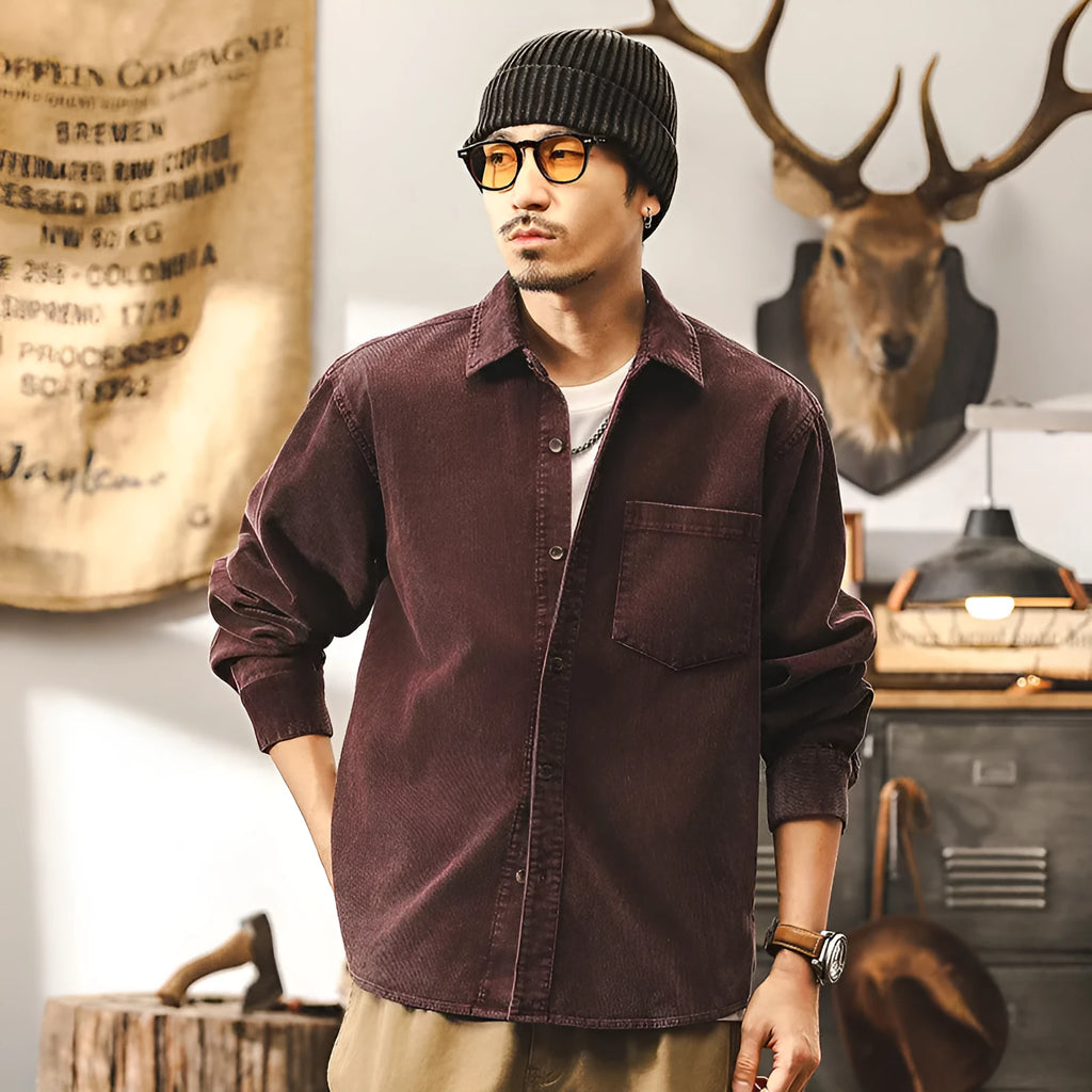 Men's retro corduroy long sleeve shirt in red and black colours showing loose fit design