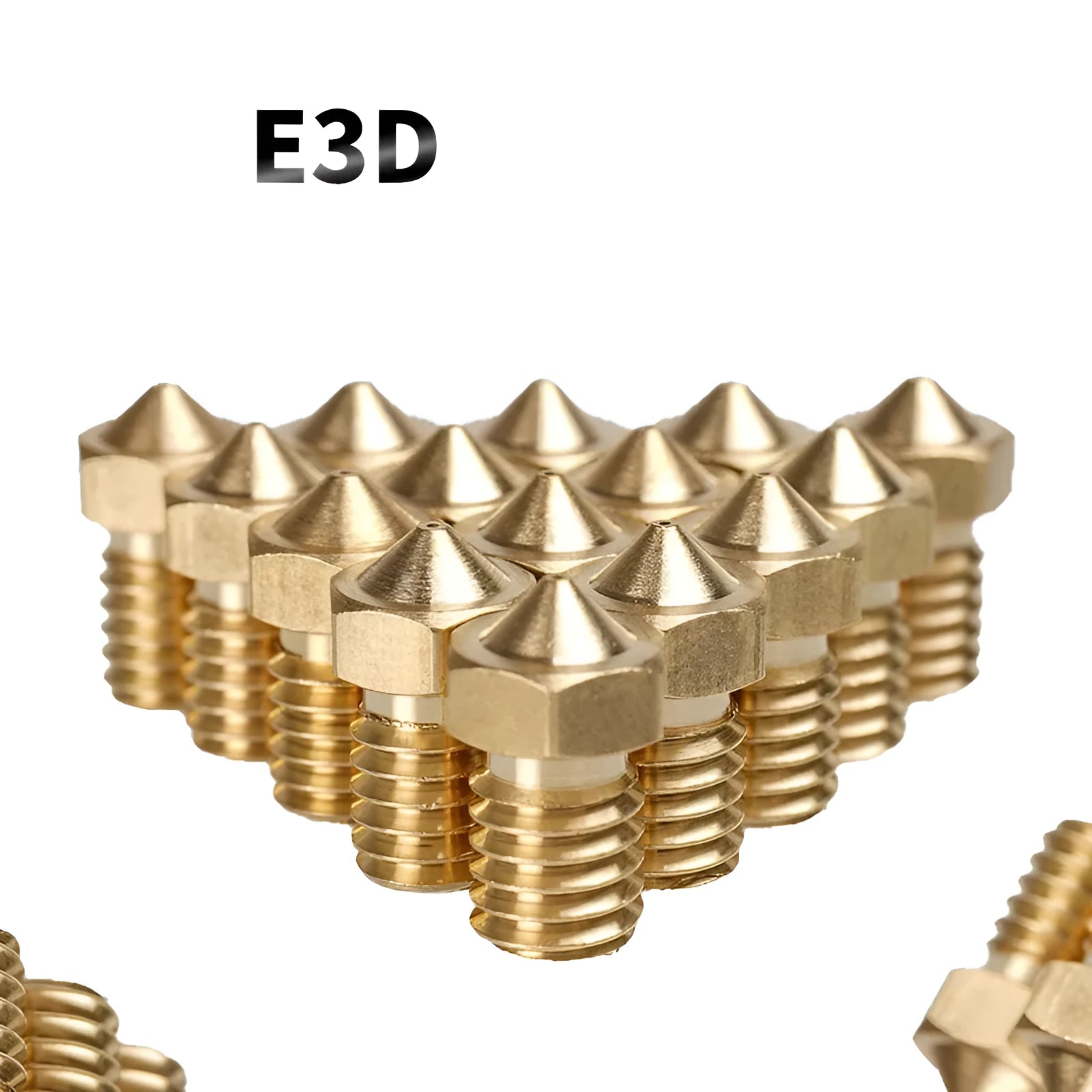 E3D M6 threaded brass 3D printer nozzle with multiple aperture size options.