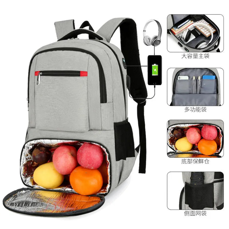 Light grey insulated Oxford cloth backpack with curved shoulder straps, shown with dry-wet separation compartment open.