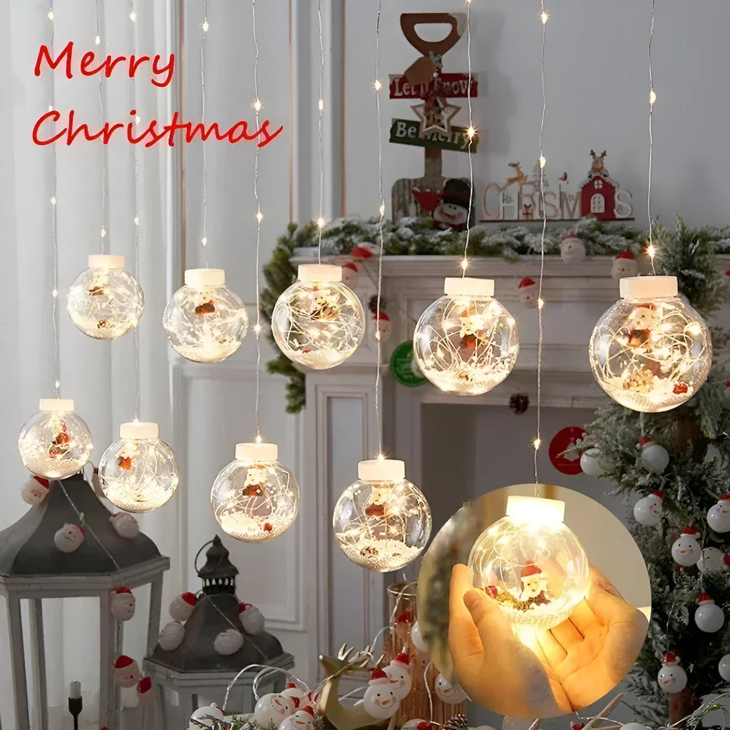 LED Christmas curtain lamp set with 10 fairy light balls in snowman, tree, and Santa designs