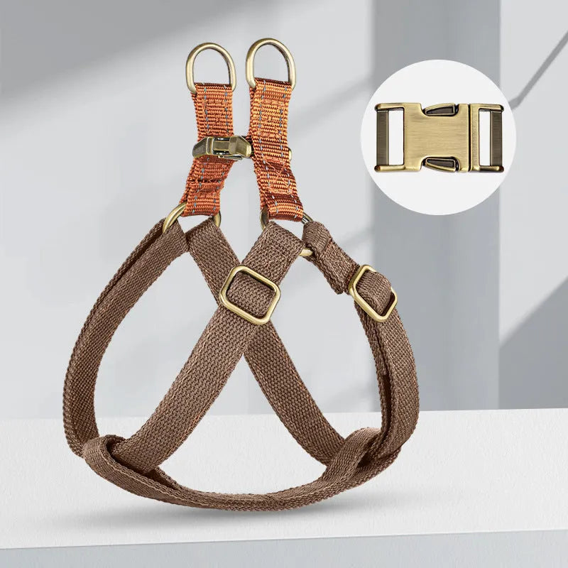 Brown vest-style dog leash with cotton belt material and alloy fasteners for secure walking