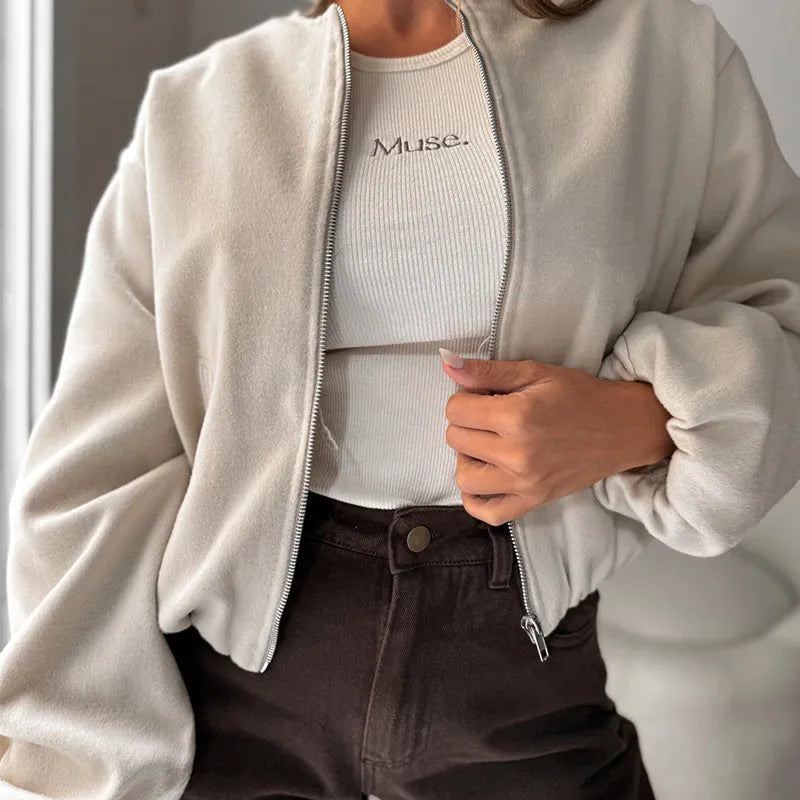 Women's off-shoulder lantern sleeve short coat in brown colour showing loose casual fit