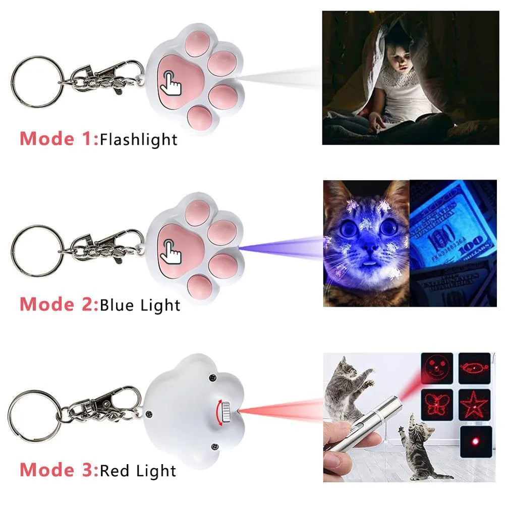 Black or pink infrared cat teaser key chain toy with USB charging port measuring 5 x 2.5cm