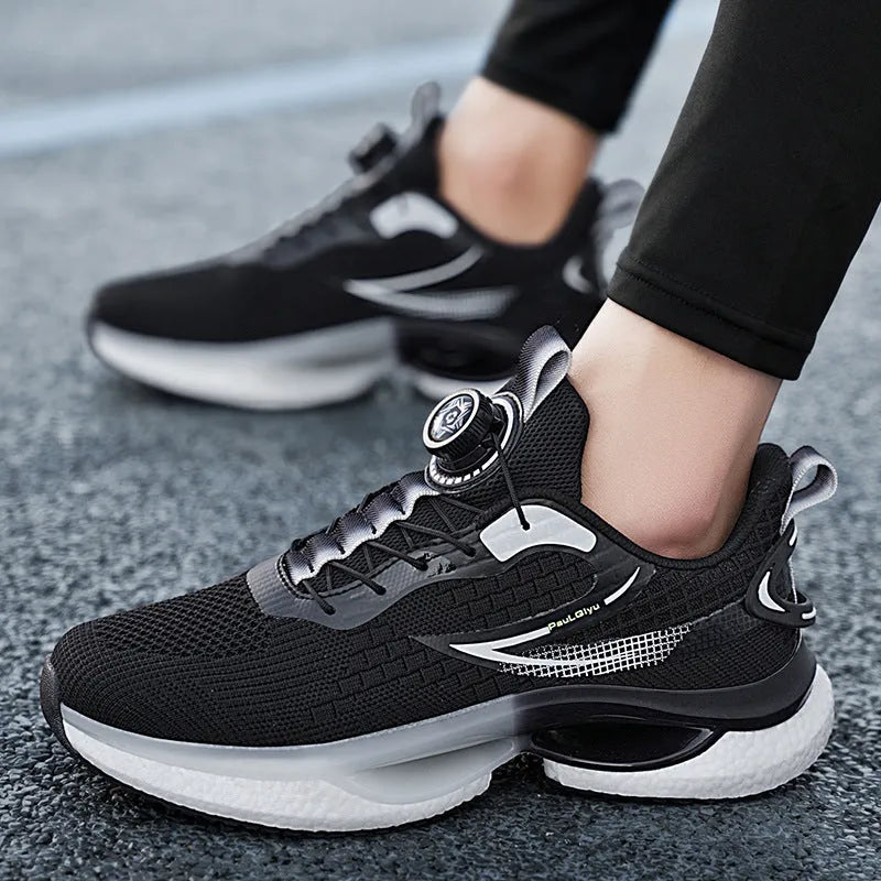 Men's white low-top running shoes with a rotating button buckle and breathable mesh upper.