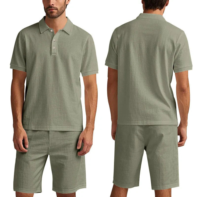 Men's light grey linen shorts suit with short sleeve shirt and matching shorts