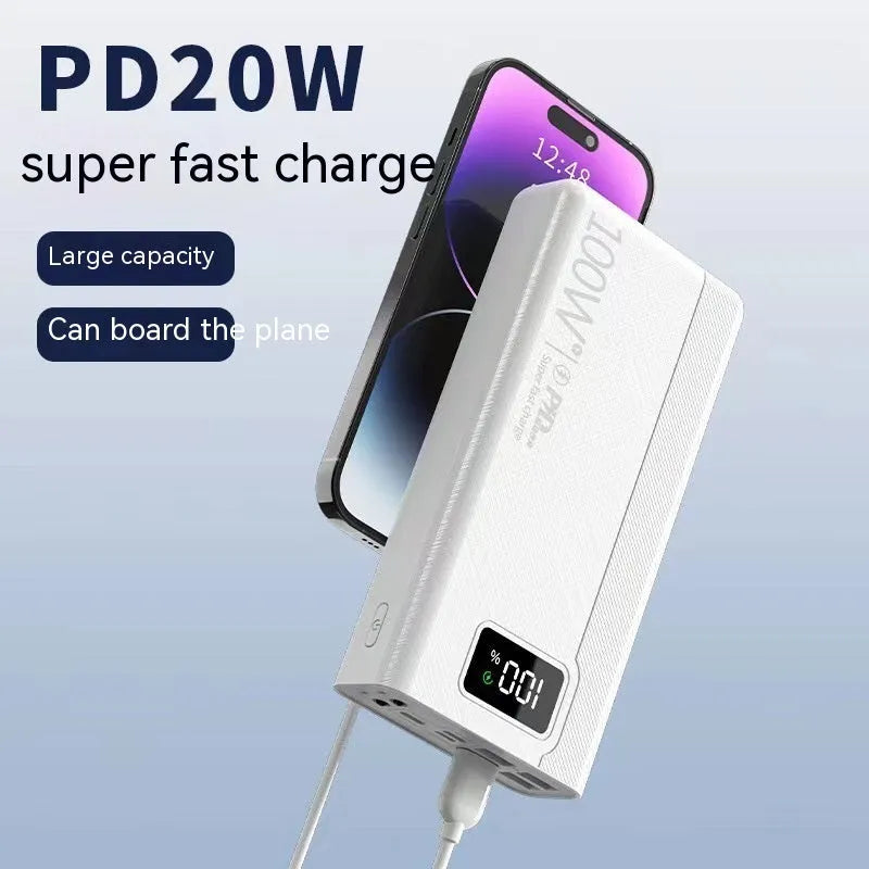 Large capacity power bank in black plastic shell showing front view with dimensions 150 x 76 mm