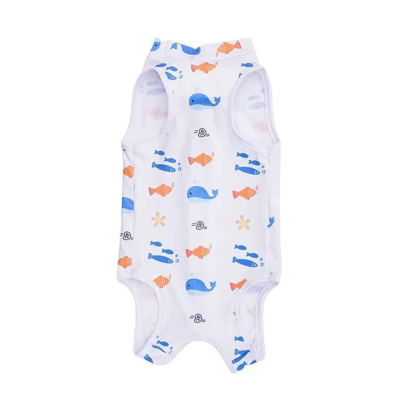 Polyester cat surgical recovery suit with Velcro fastenings in a printed design, sizes S M L XL.