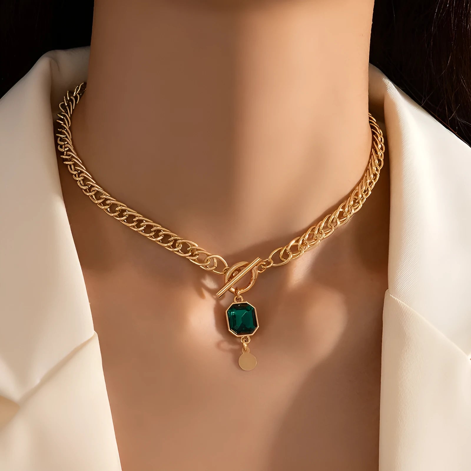 Gold geometric emerald zircon pendant necklace with Cuban link chain