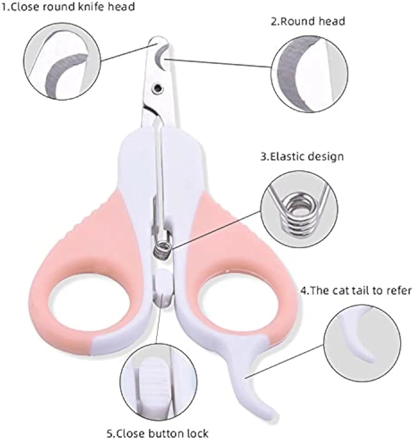 Grey and pink cat nail clippers with curved blade and rubber-coated handle