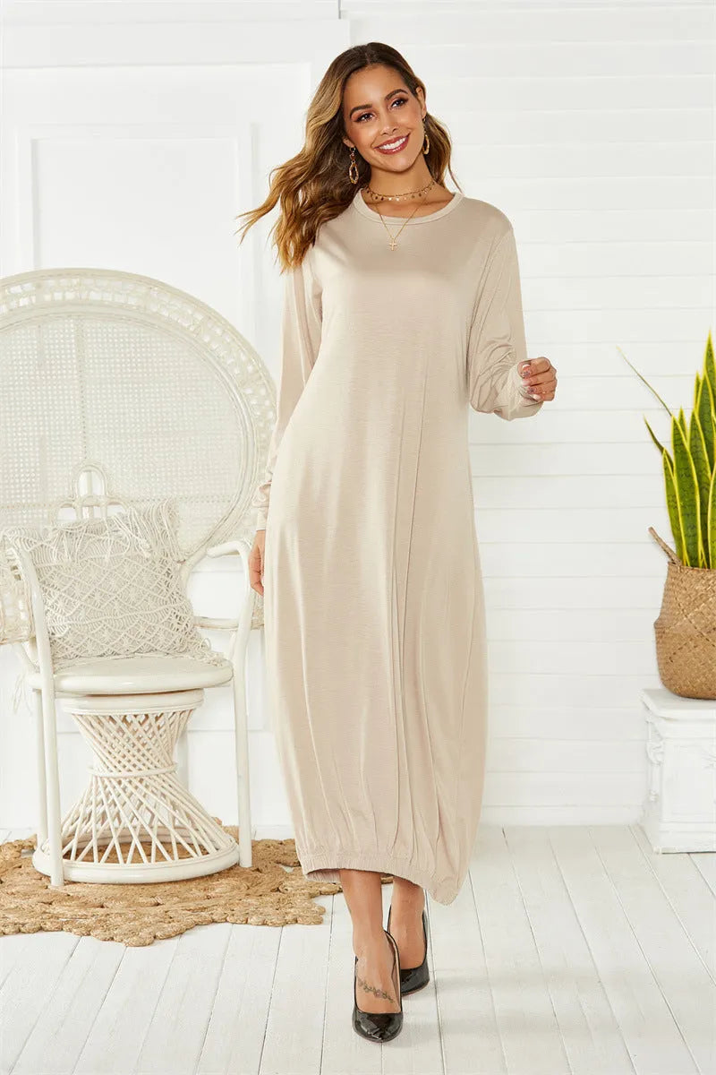 Loose fit lace-up crew neck lantern dress in black with Japanese Korean casual style
