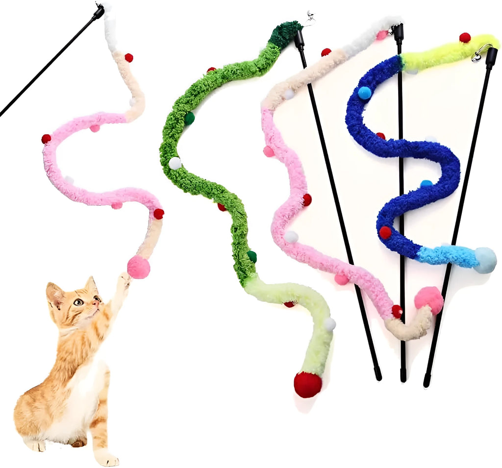 Cat wand toy with long plush strip and colourful ball with bells on 41cm pole