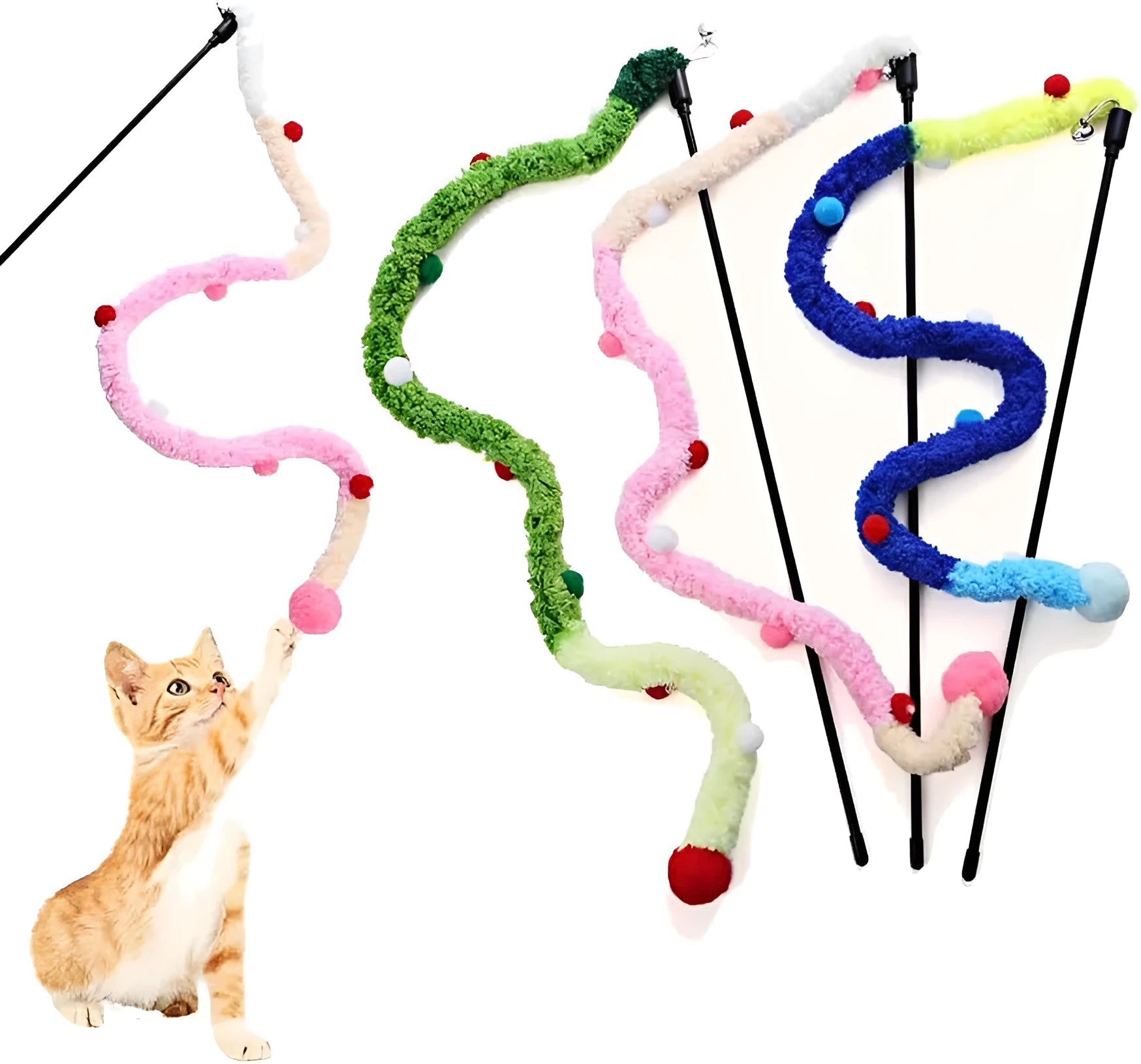 Cat wand toy with long plush strip and colourful ball with bells on 41cm pole