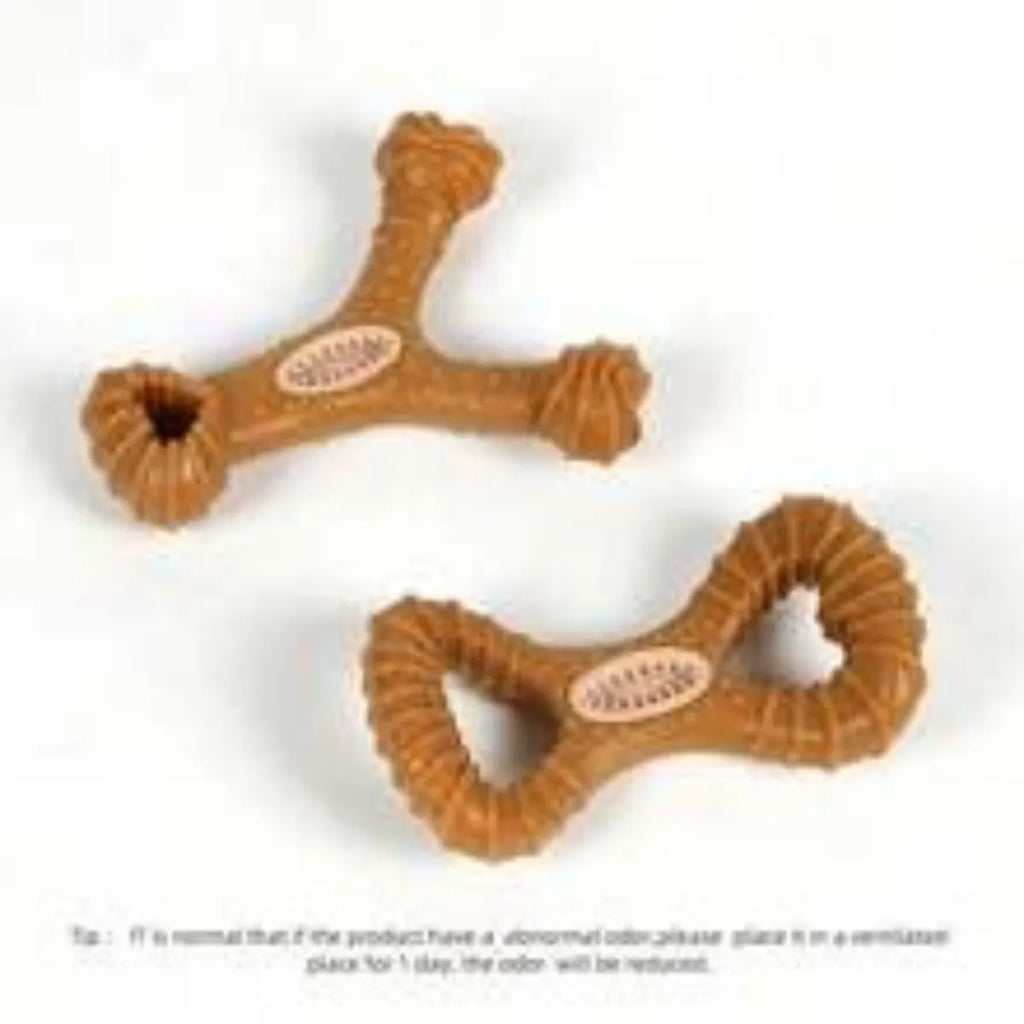 Durable dog chew bone toy for teeth cleaning, shown in 8-shape and Y-shape options.