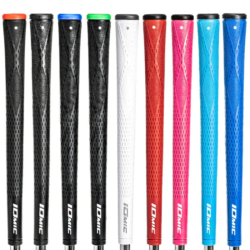 TPE material golf club grip shown in various colours including pink, red, blue, and black combinations.