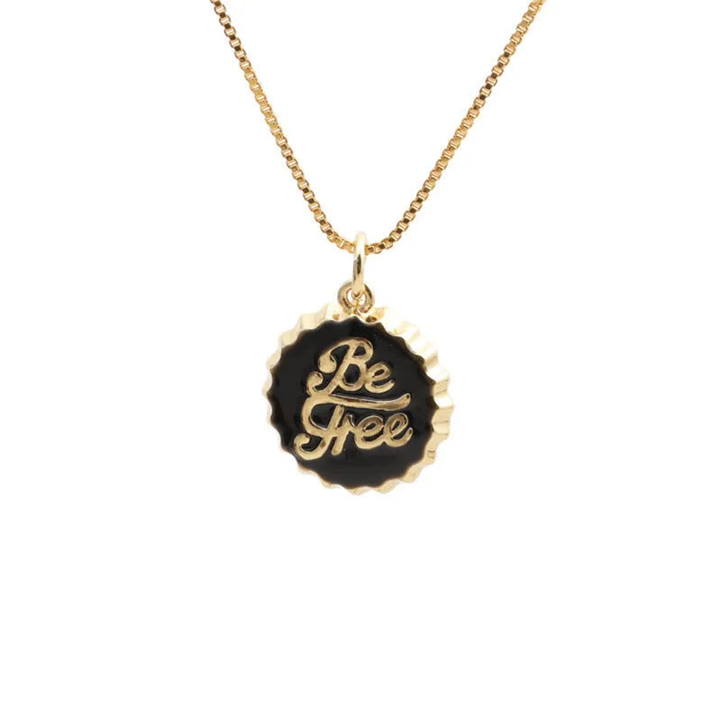 Copper bottle cap pendant necklace on a 40cm box chain with 18K gold electroplating, shown in one of six available colours.
