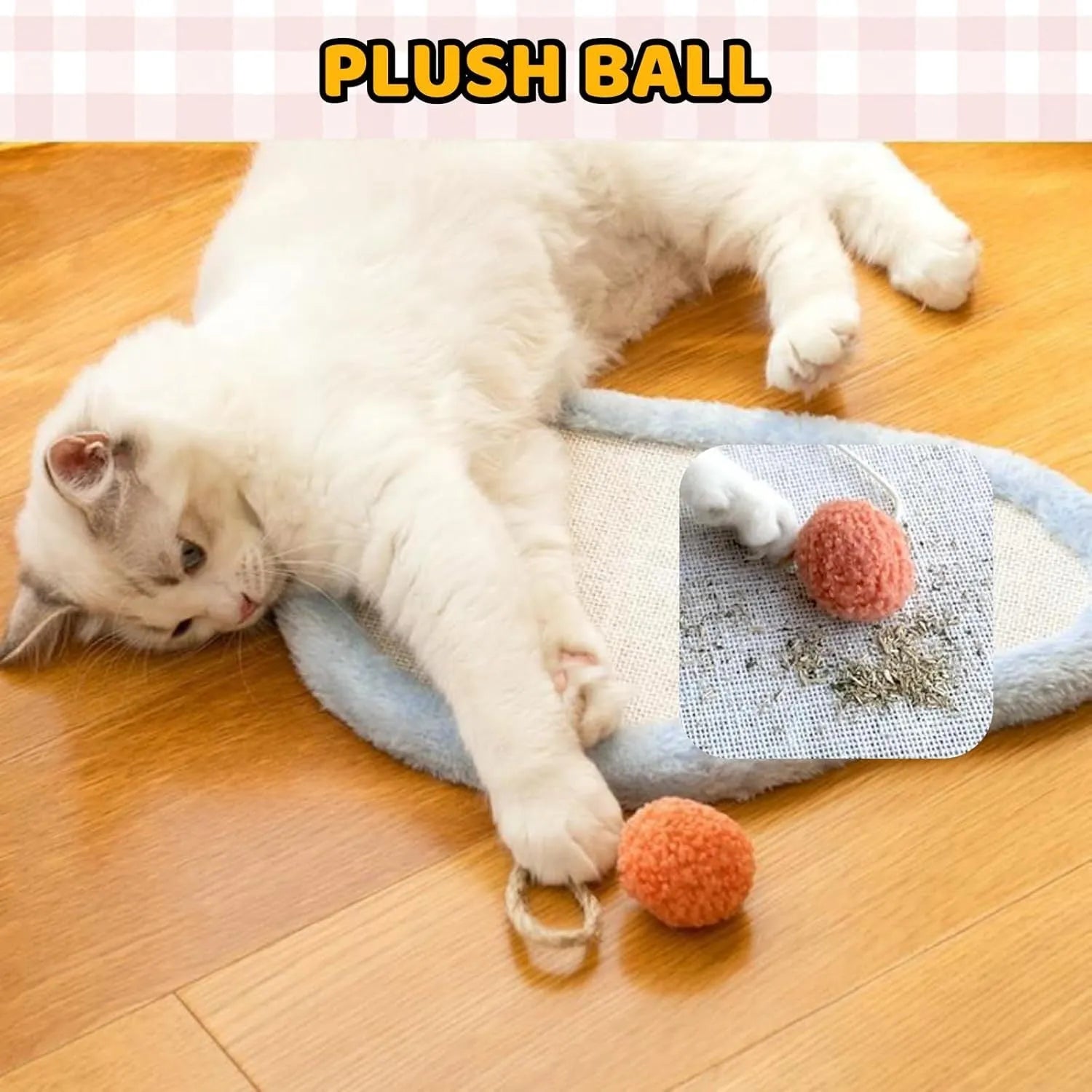 White cat scratching mat with sleeping cat cartoon design, made from natural sisal.