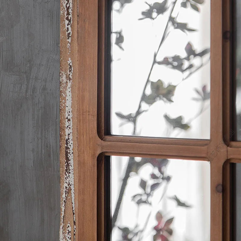Distressed log colour wooden fake window style wall mirror with rustic frame.