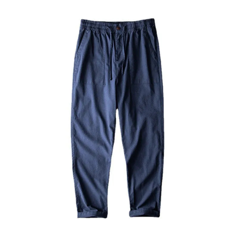 Men's linen casual trousers in solid colours with mid-waist design