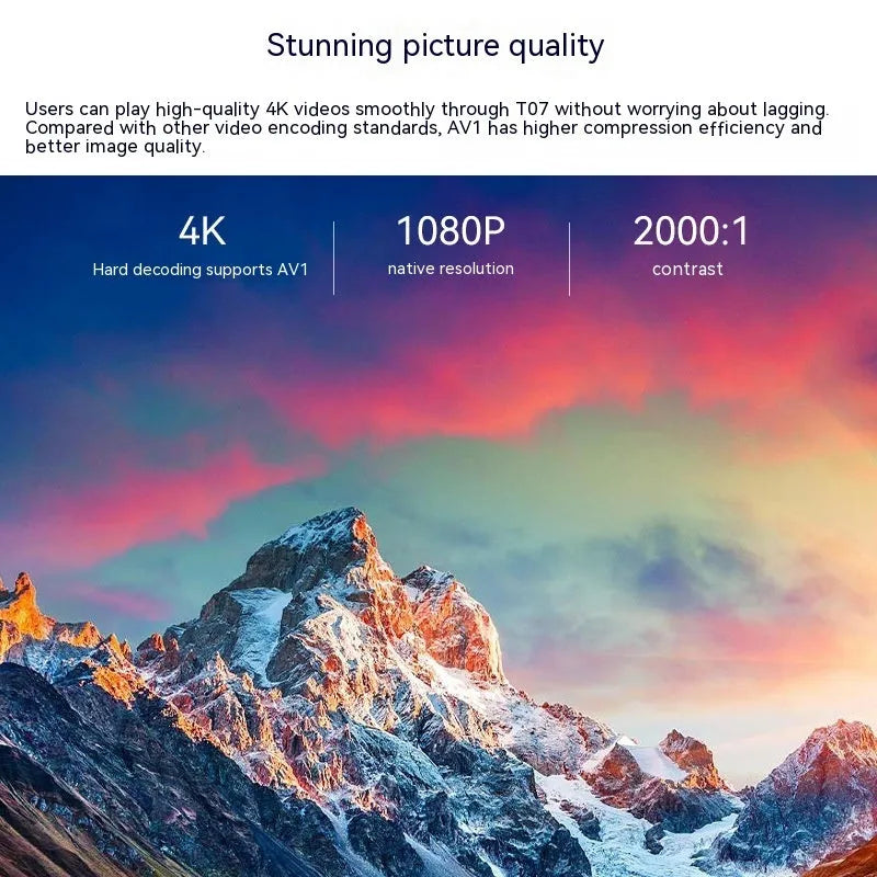 White Full HD smart projector with remote control showing 1080p resolution and 320 ANSI lumens brightness