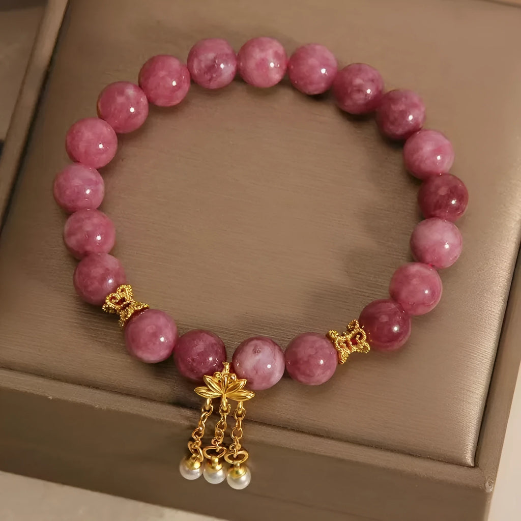 Pink lotus tassel natural stone beaded bracelet for women, New Chinese style.