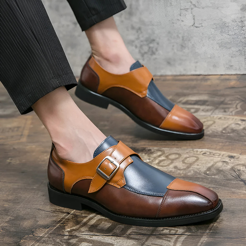 Men's brown-blue and black retro buckle casual leather shoes with a tall crown.