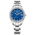 Women's silver-tone fashion watch with diamond bezel, round 34mm dial and luminous hands
