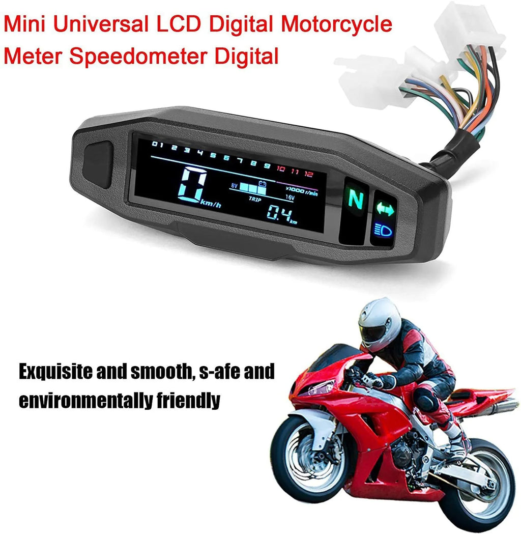 Black motorcycle mini LCD speedometer with backlit display showing digital readouts