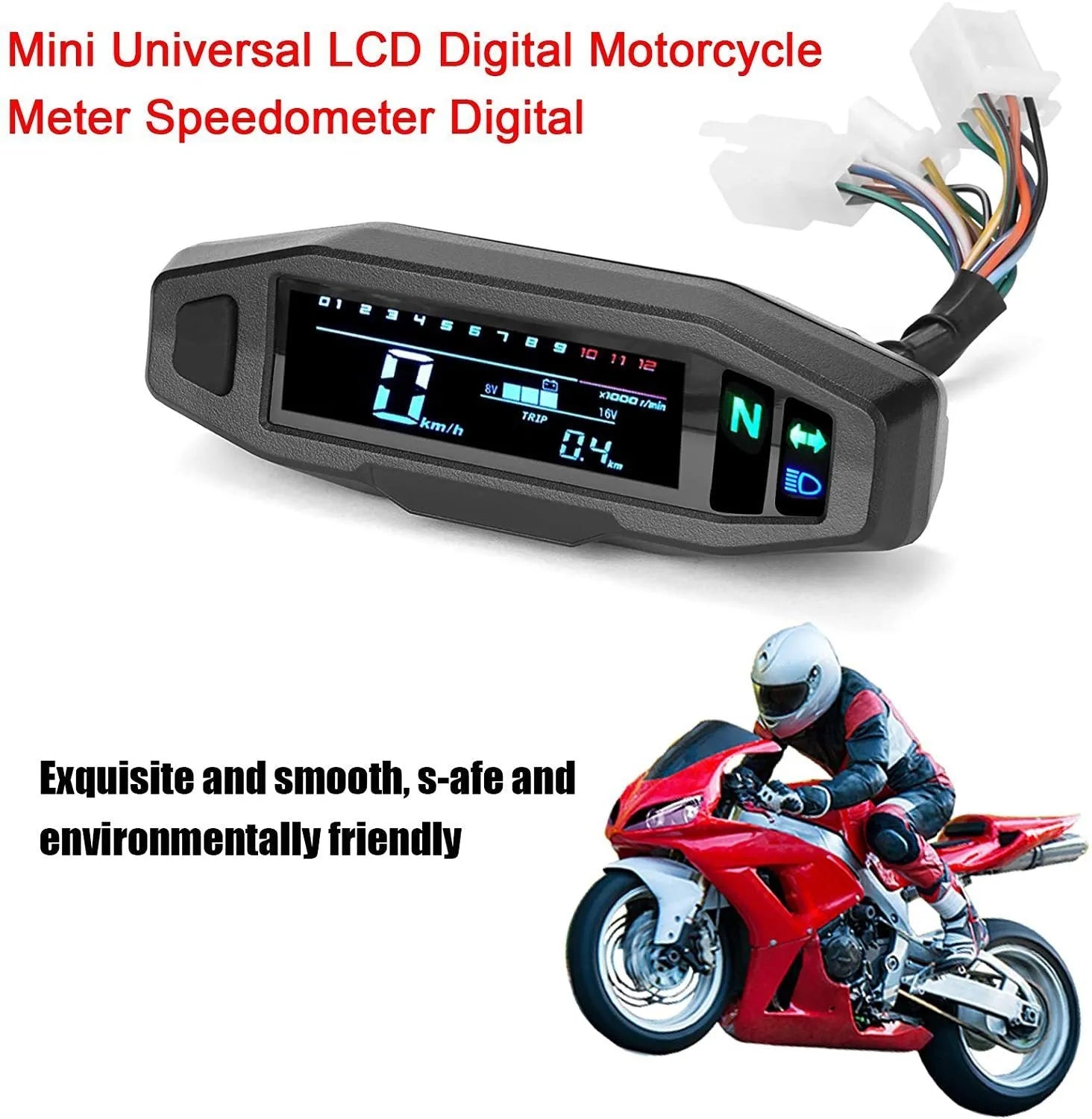 Black motorcycle mini LCD speedometer with backlit display showing digital readouts