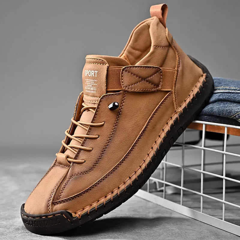 Men's mid-top Martin boot in khaki with visible stitching, on a flat rubber sole.