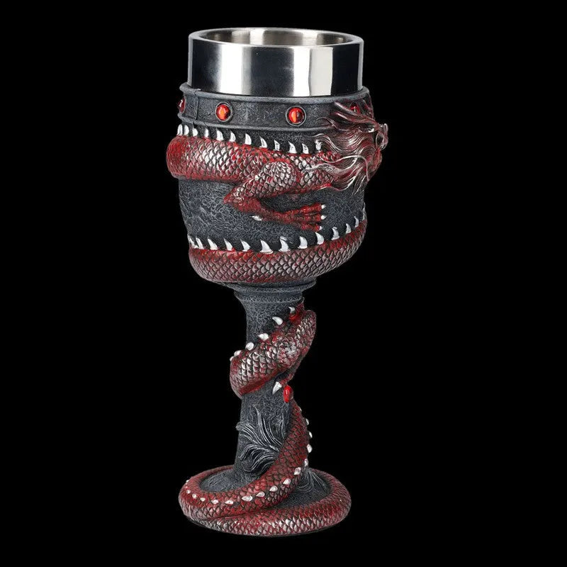 Gold stainless steel wine glass with 3D red dragon sculpture around stem